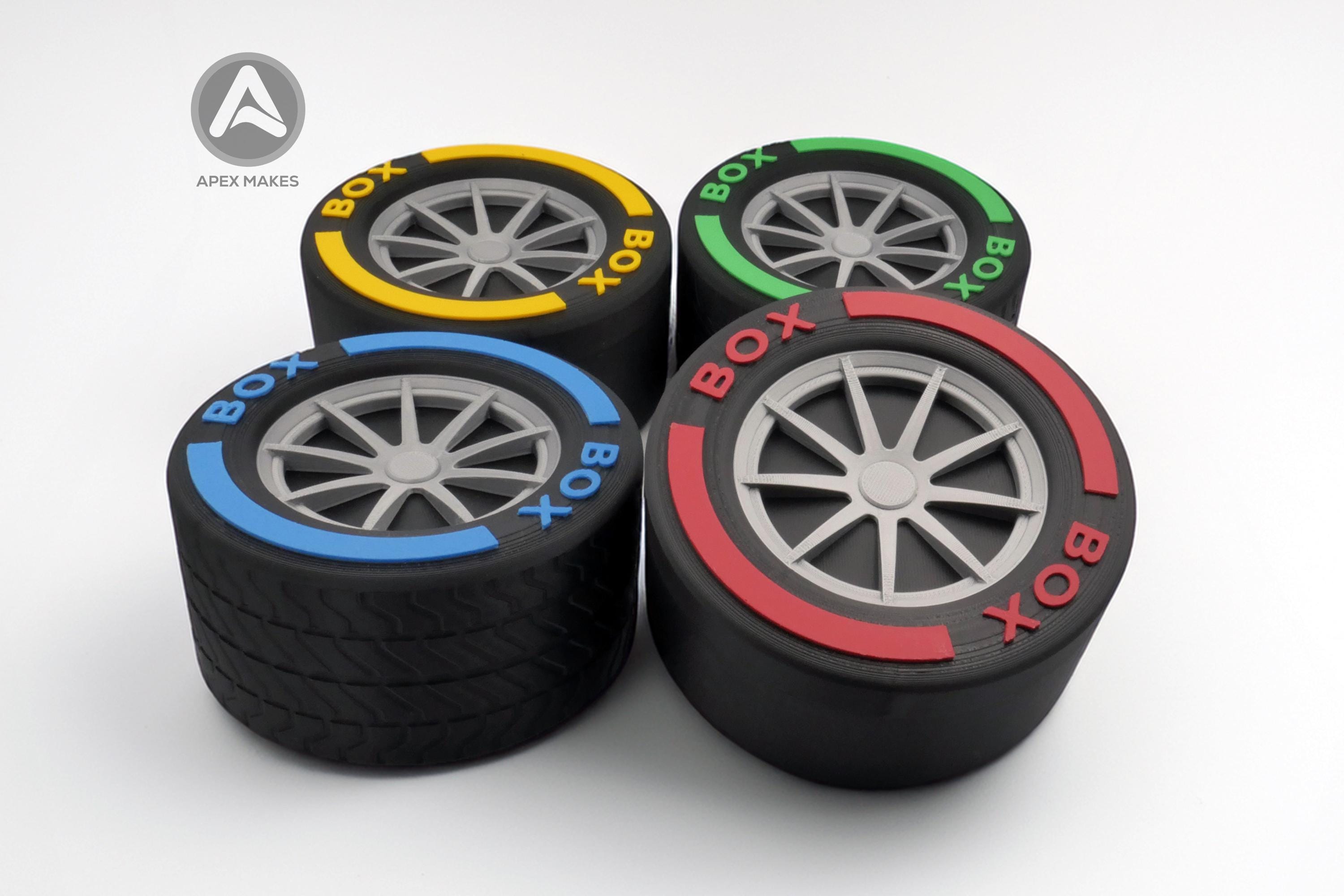 F1 Style 3D Printed Tire Storage Boxes Set of 4 - Racing Wheel Containers with Coloured Rims | Motorsport Decor Formula 1 BOX BOX BOX