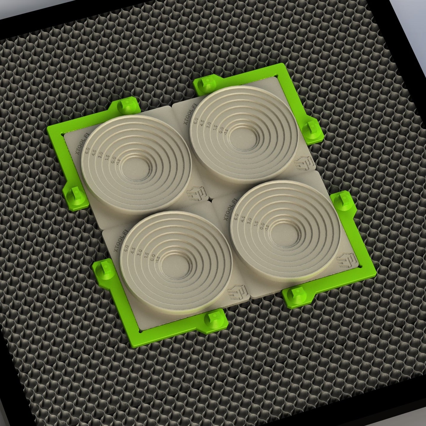 Green magnetic fixture holder arranged with a 2x2 fixture grid.