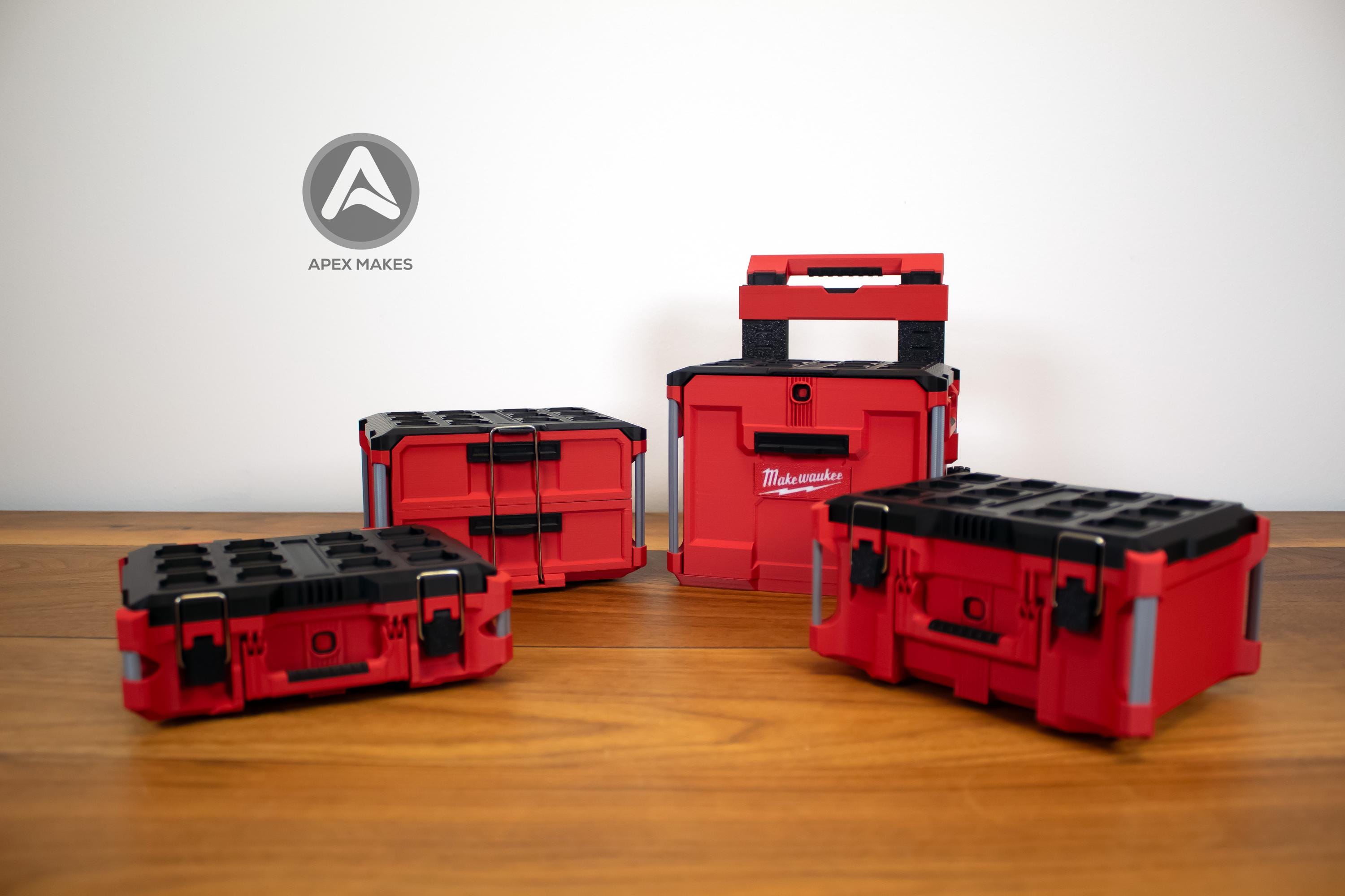 Full Set - Red Mini Milwaukee Packout Inspired Tool Box (Small, Large, Two Drawer, Rolling Drawer)