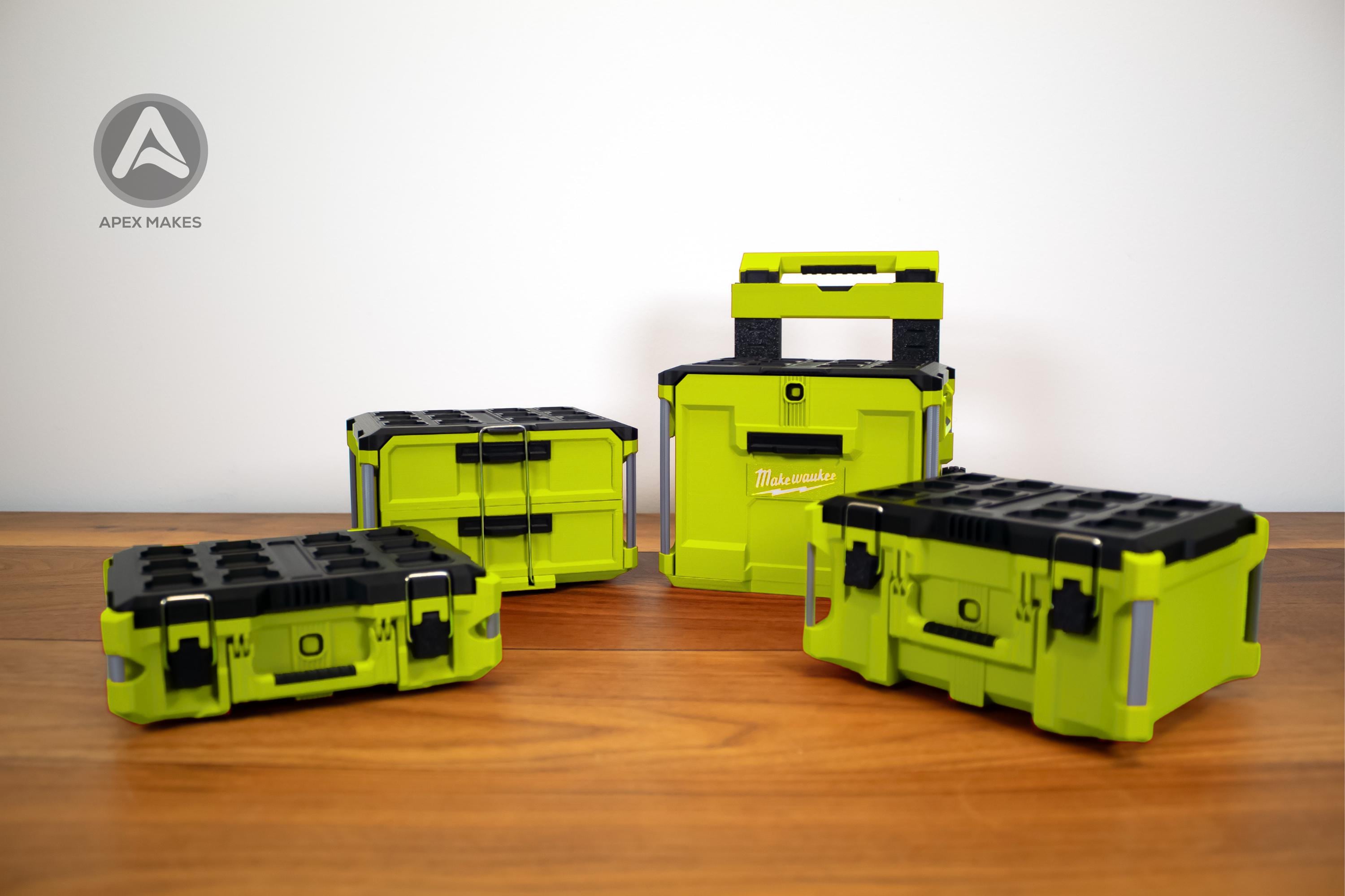 Full Set - Ryobi Lime Green Mini Milwaukee Packout Inspired Tool Box (Small, Large, Two Drawer, Rolling Drawer)