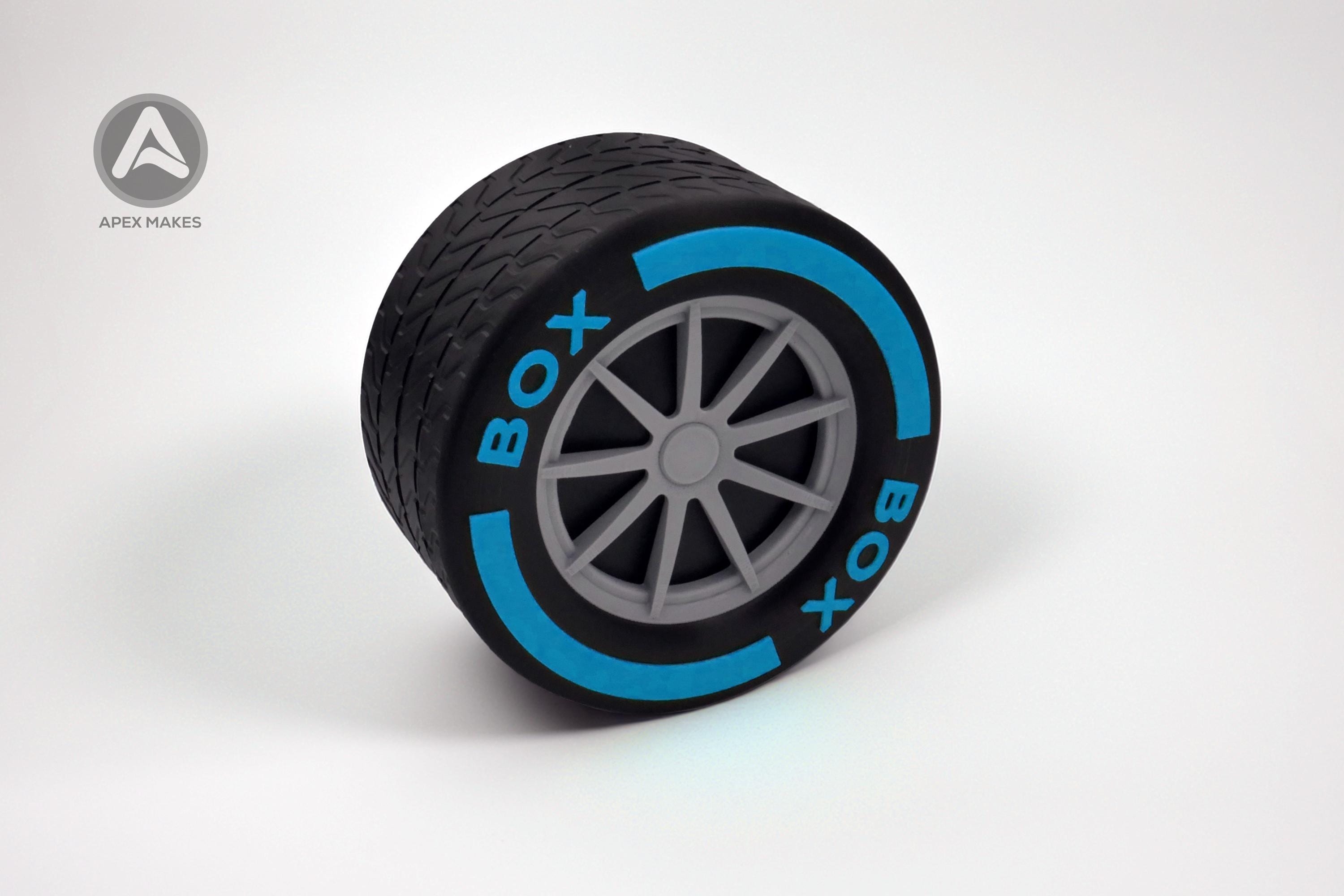 F1 Style 3D Printed Tire Storage Boxes Set of 4 - Racing Wheel Containers with Coloured Rims | Motorsport Decor Formula 1 BOX BOX BOX