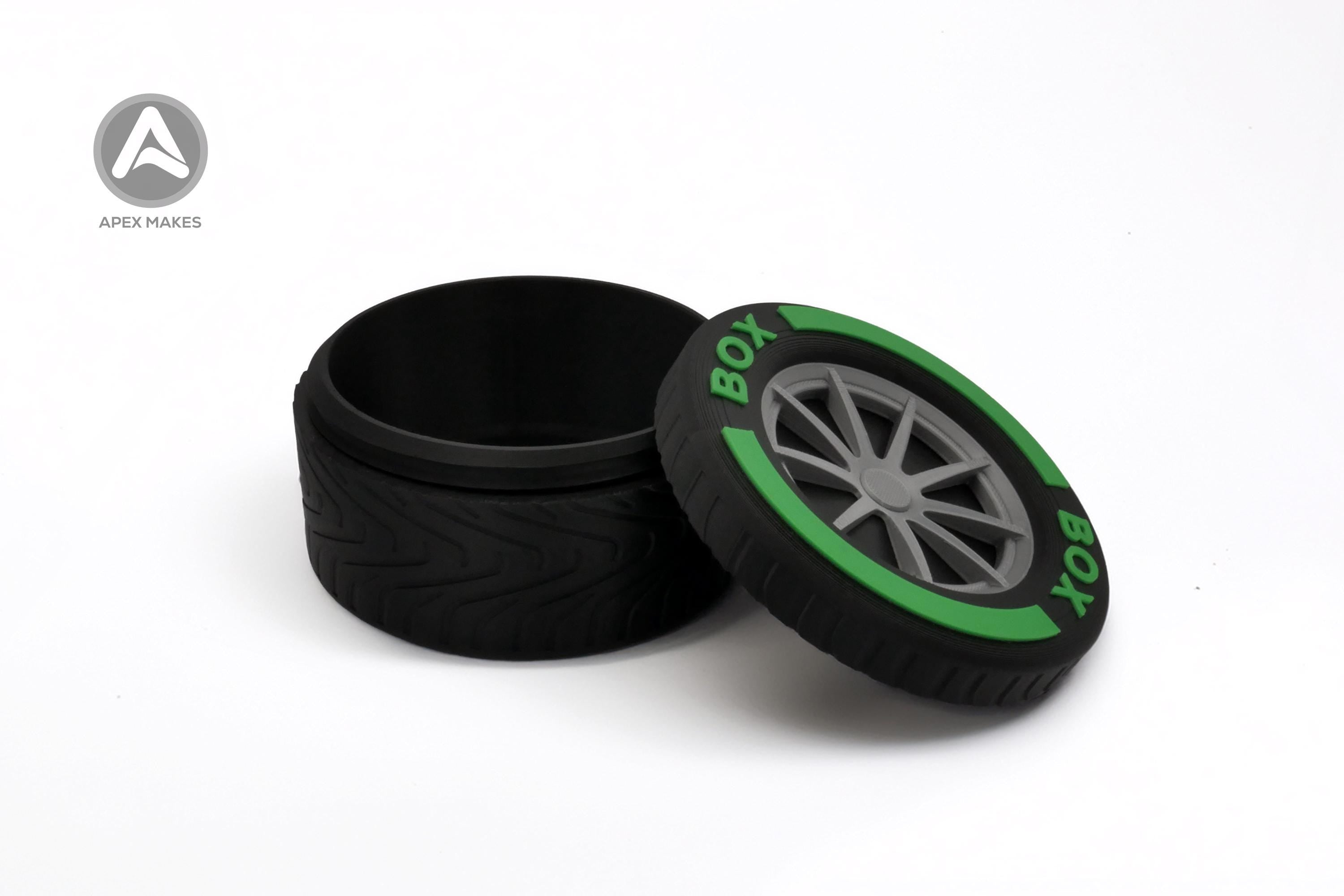 F1 Style 3D Printed Tire Storage Boxes Set of 4 - Racing Wheel Containers with Coloured Rims | Motorsport Decor Formula 1 BOX BOX BOX