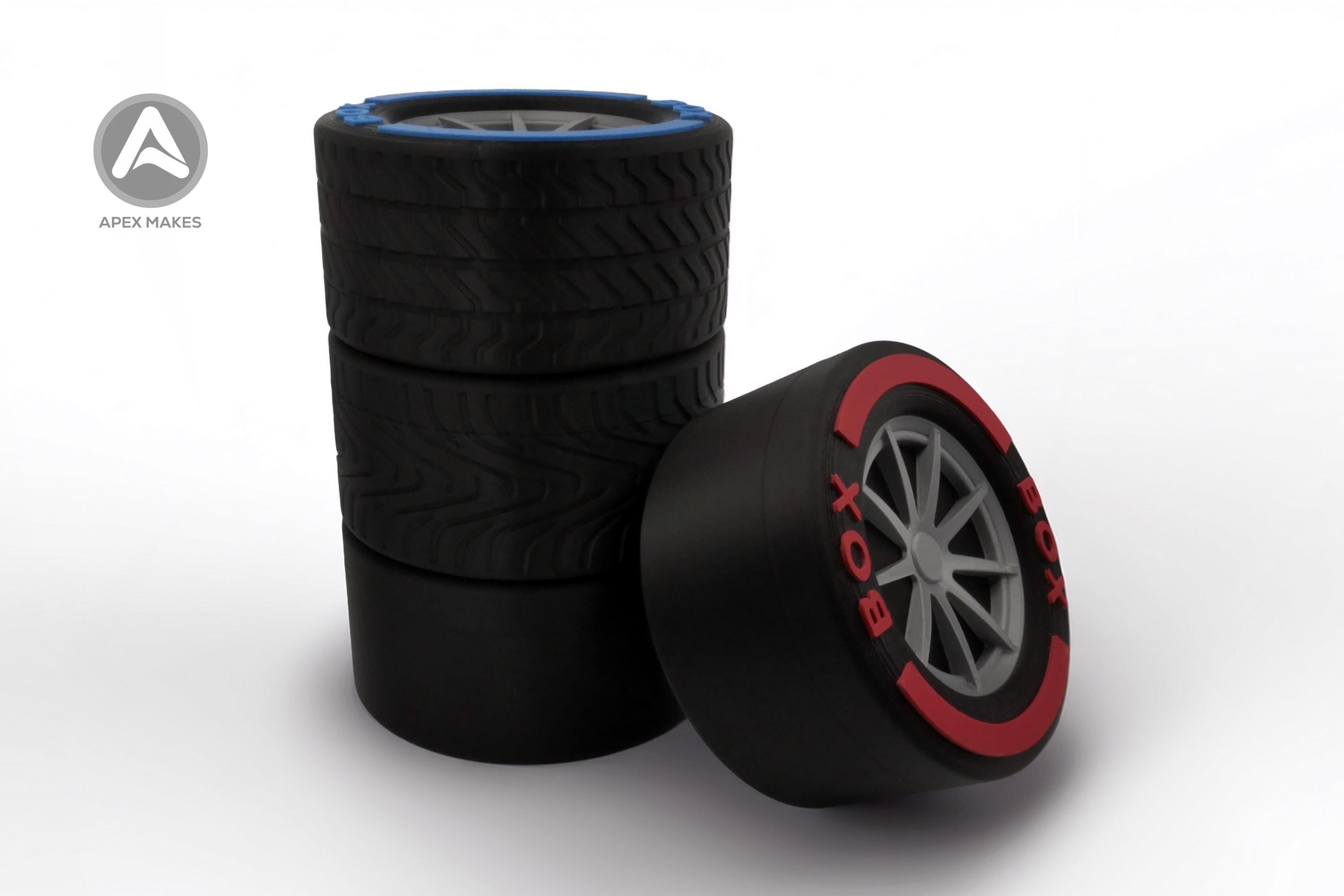 F1 Style 3D Printed Tire Storage Boxes Set of 4 - Racing Wheel Containers with Coloured Rims | Motorsport Decor Formula 1 BOX BOX BOX
