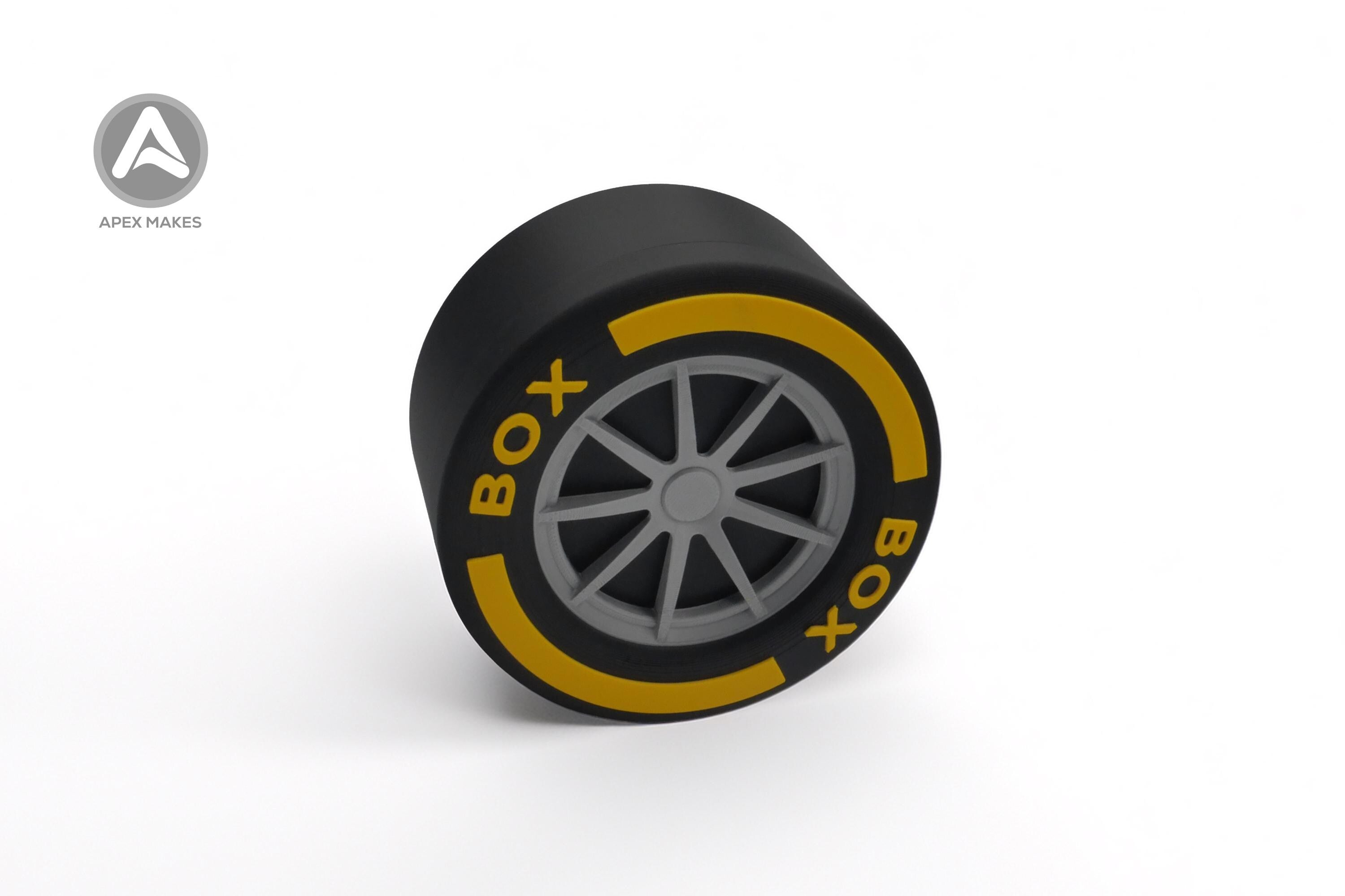F1 Style 3D Printed Tire Storage Boxes - Racing Wheel Containers with Coloured Rims | Motorsport Decor Formula 1 BOX BOX BOX