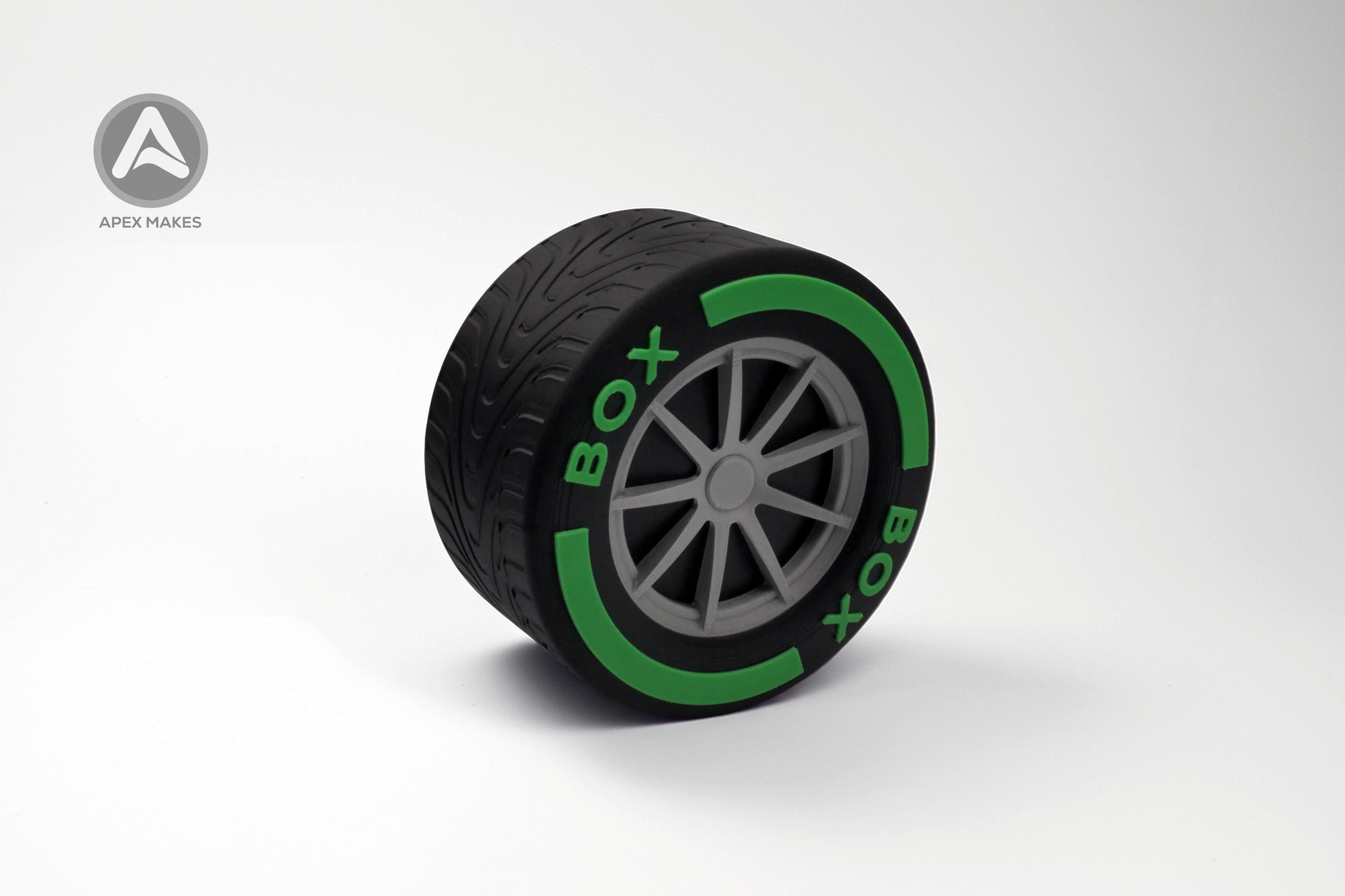 F1 Style 3D Printed Tire Storage Boxes Set of 4 - Racing Wheel Containers with Coloured Rims | Motorsport Decor Formula 1 BOX BOX BOX